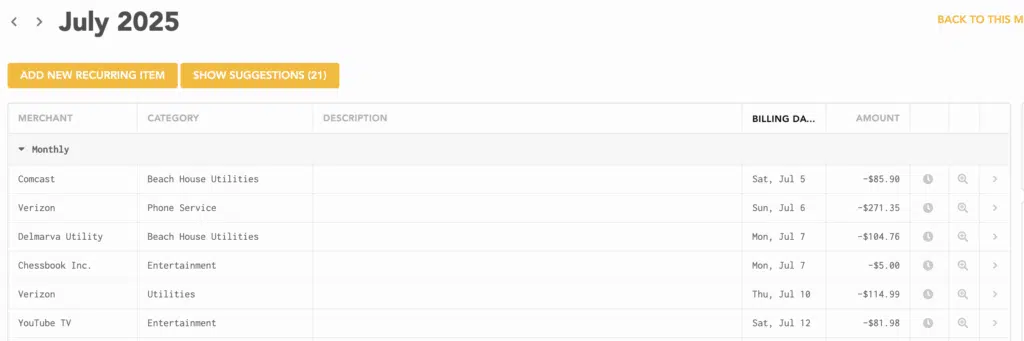 Lunch Money Recurring Expenses Cadence View